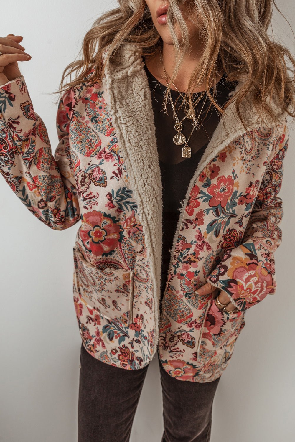Beige Vintage Paisley Floral Printed Sherpa Lined Hooded Jacket - Goddess Vibes