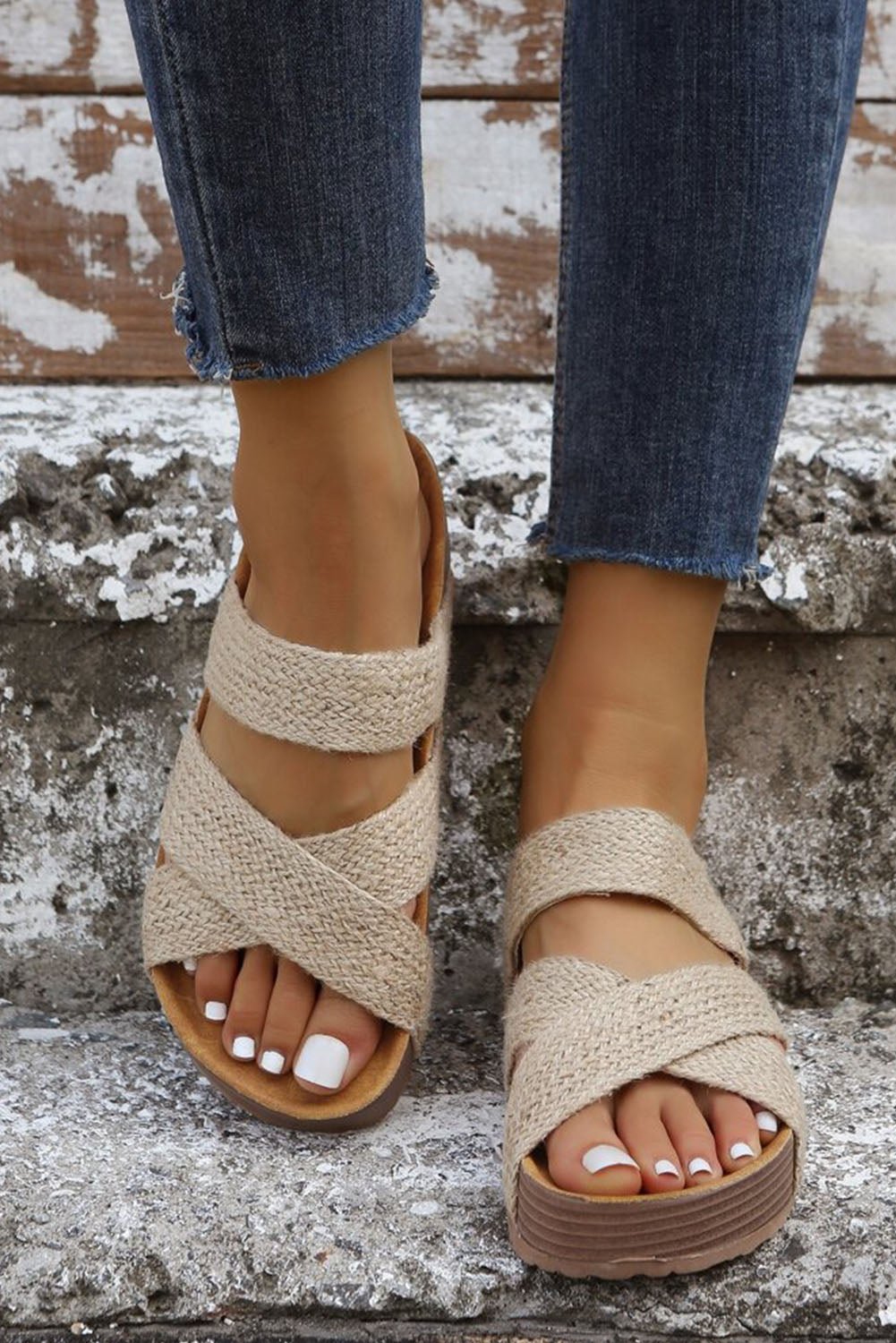 Beige Woven Cross Criss Hollowed Slip - On Slippers - Goddess Vibes