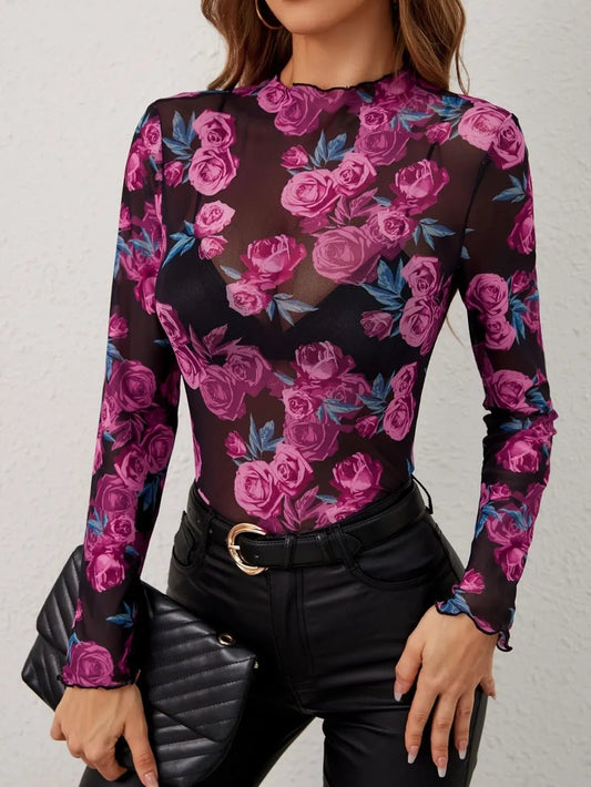 Floral Mock Neck Long Sleeve Top - Crowned Energy CO.