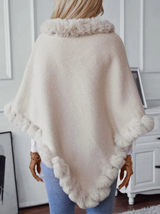Fuzzy Trim Texture Three - Quarter Sleeve Poncho - Crowned Energy CO.