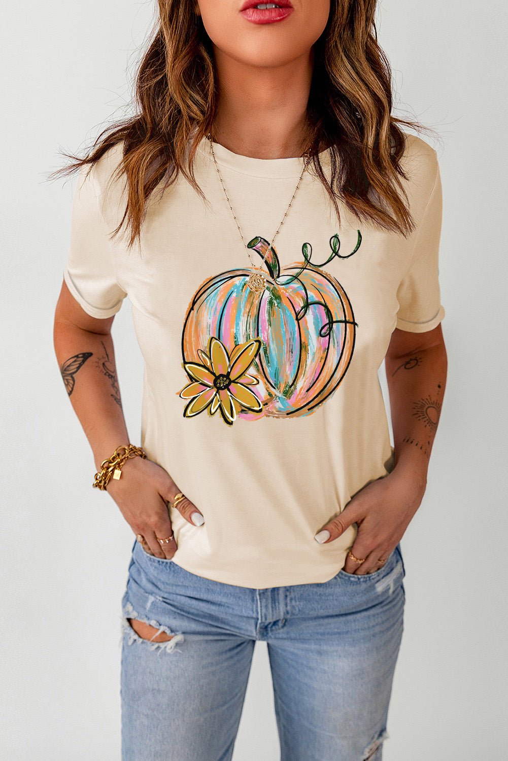 Khaki Pumpkin with Flower Graphic T Shirt - Goddess Vibes