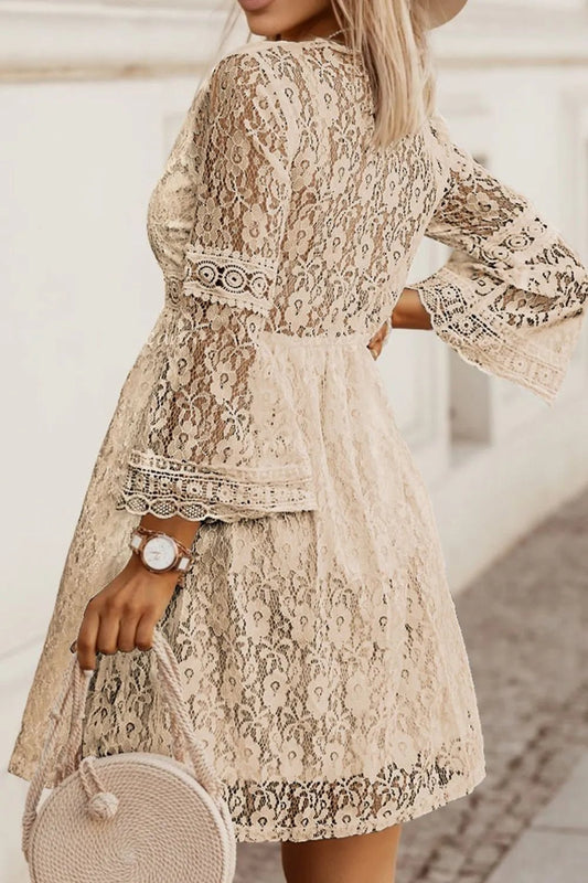 Lace V - Neck Three - Quarter Sleeve Dress - Crowned Energy CO.