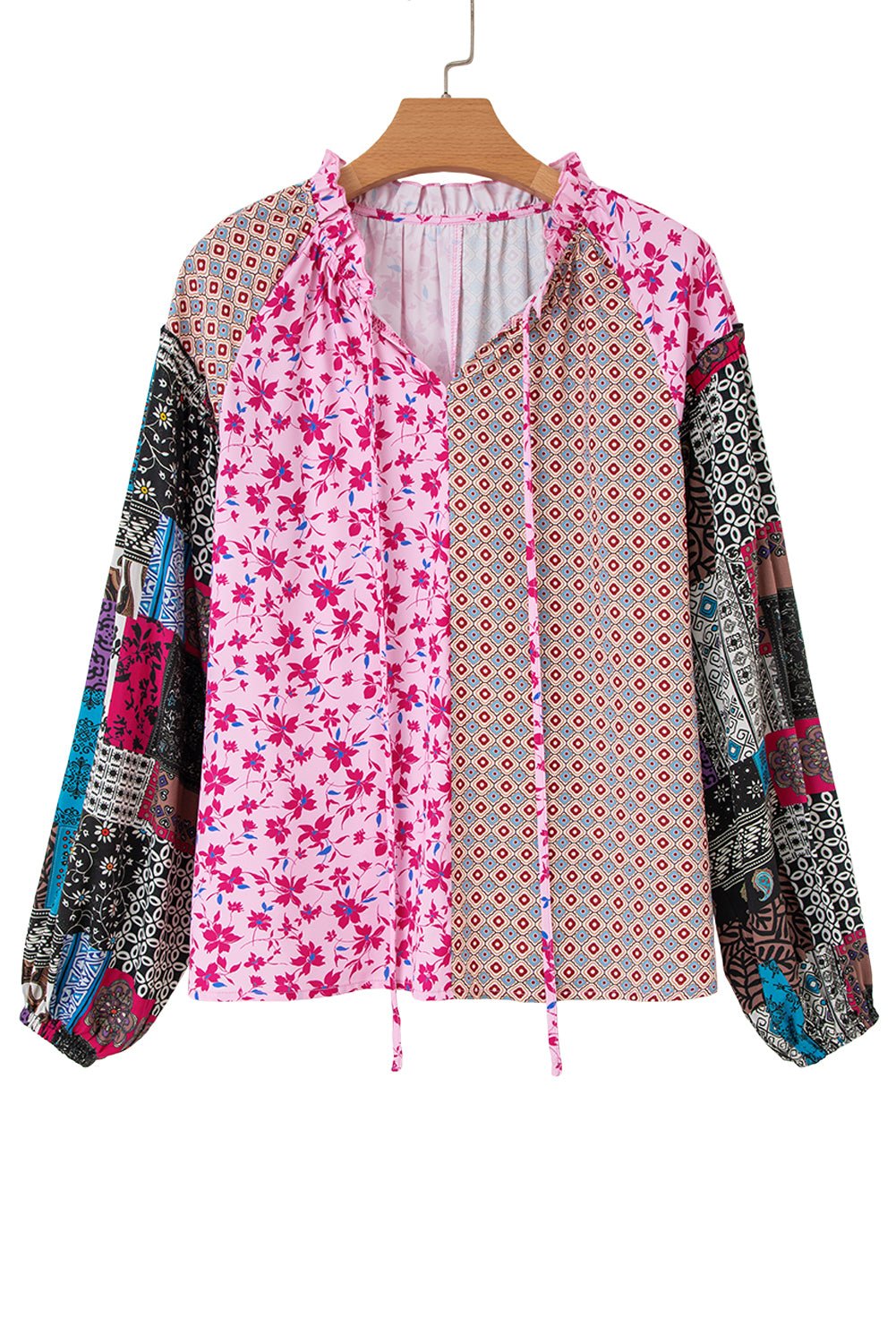 Pink Boho Mixed Floral Drop Shoulder Bubble Sleeve Blouse - Goddess Vibes