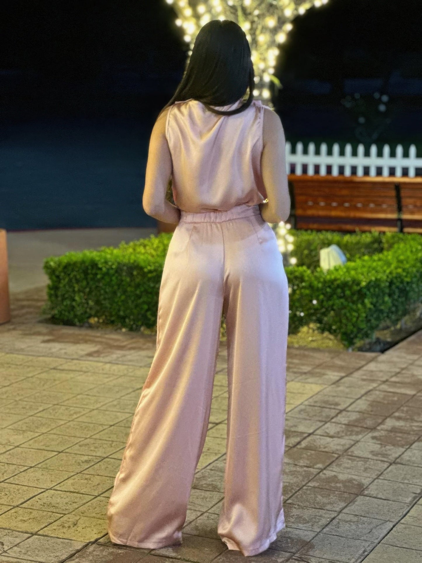 Satin Wide Leg Pants & Flower Sleeveless Top Set - Crowned Energy CO.