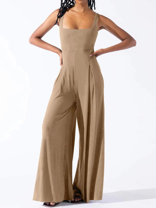 Square Neck Wide Strap Jumpsuit - Crowned Energy CO.