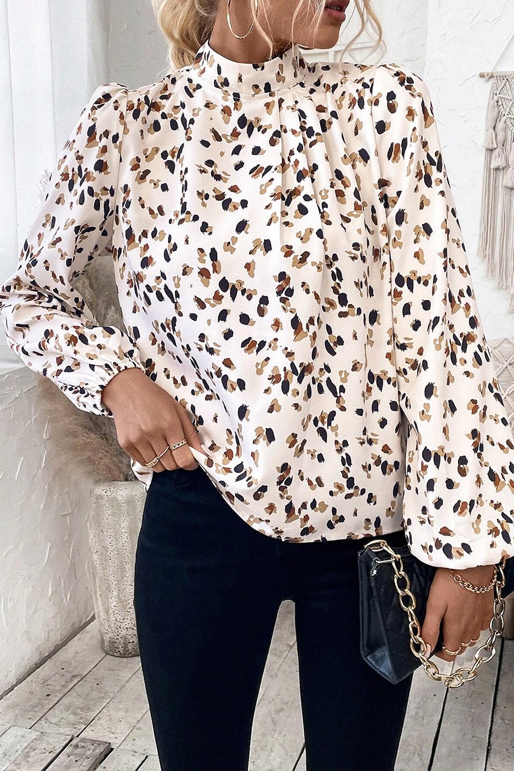 White Leopard Print Lantern Sleeve Mock Neck Pleated Blouse - Goddess Vibes