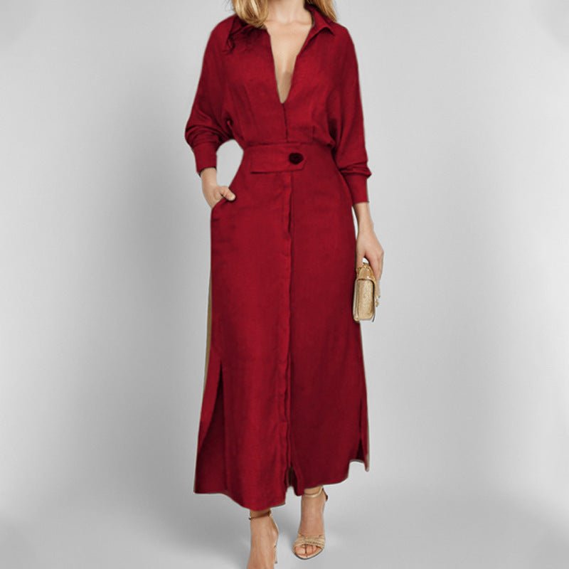 Women's Elegant Tied Solid Color Waisted Long - sleeved Shirt Dress - Goddess Vibes