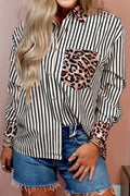 Black Striped Leopard Print Patchwork Button Up Womens Shirt