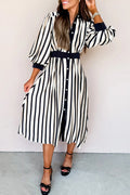 Black Stripe 3/4 Puff Sleeve Shirt Style Button Down Midi Dress