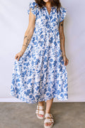 Blue Ruffled Short Sleeve Tiered Floral Midi Dress