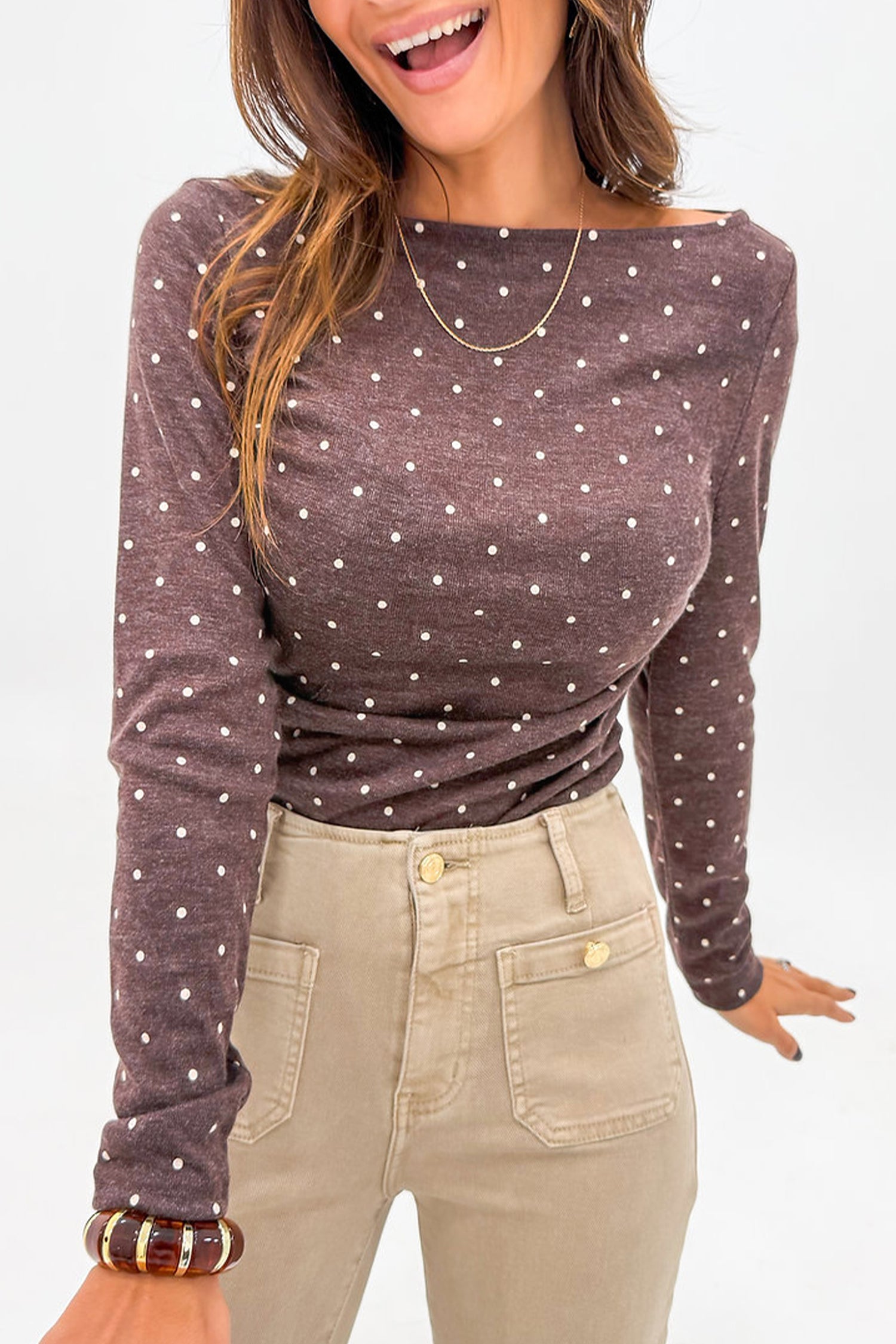 Dark Brown Polka Dot Boat Neck Knit Long Sleeve T Shirt