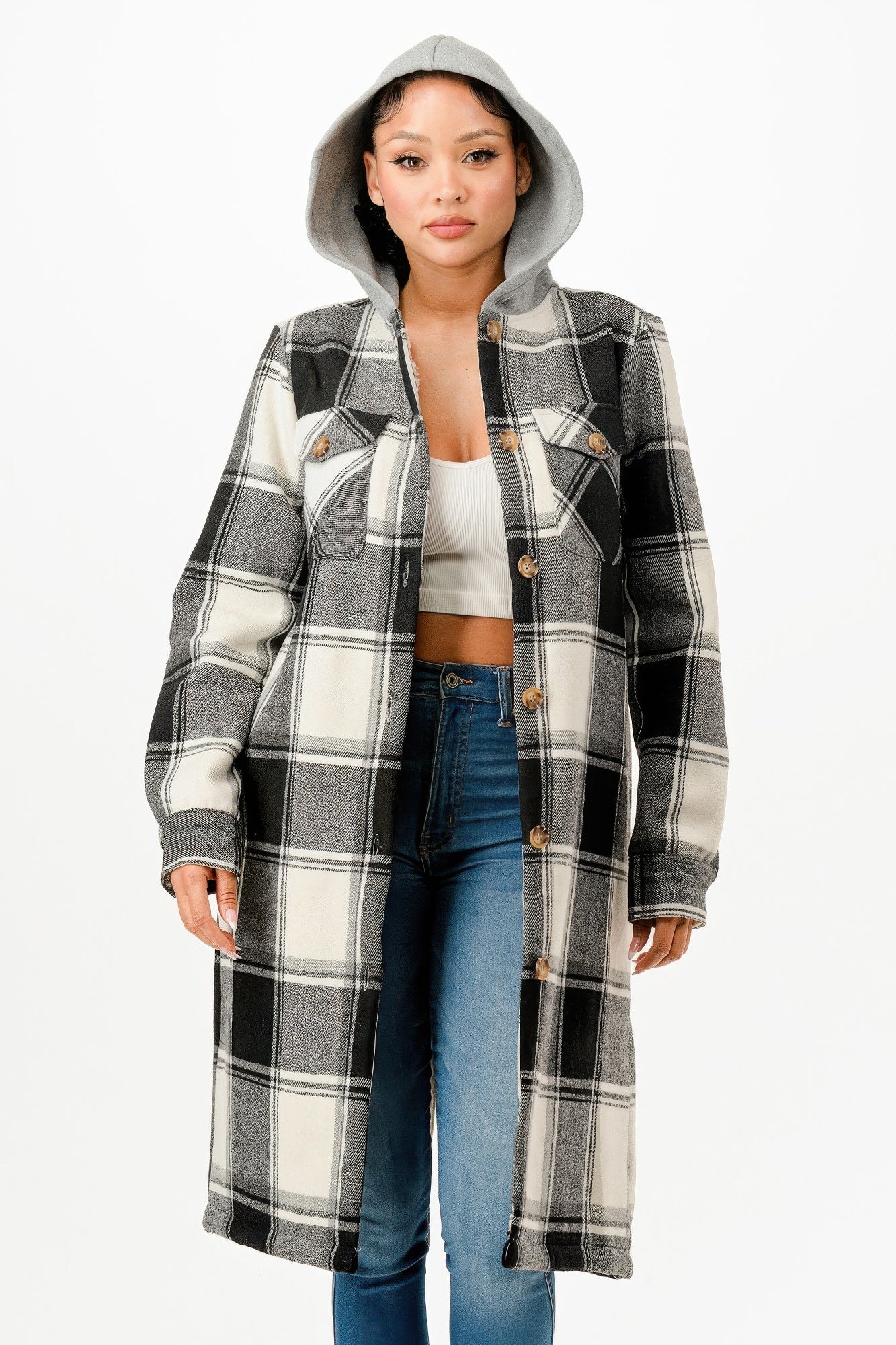 Crowned Energy CO. S GLANCE APPAREL COAT & JACKETS Hooded Plaid Coat