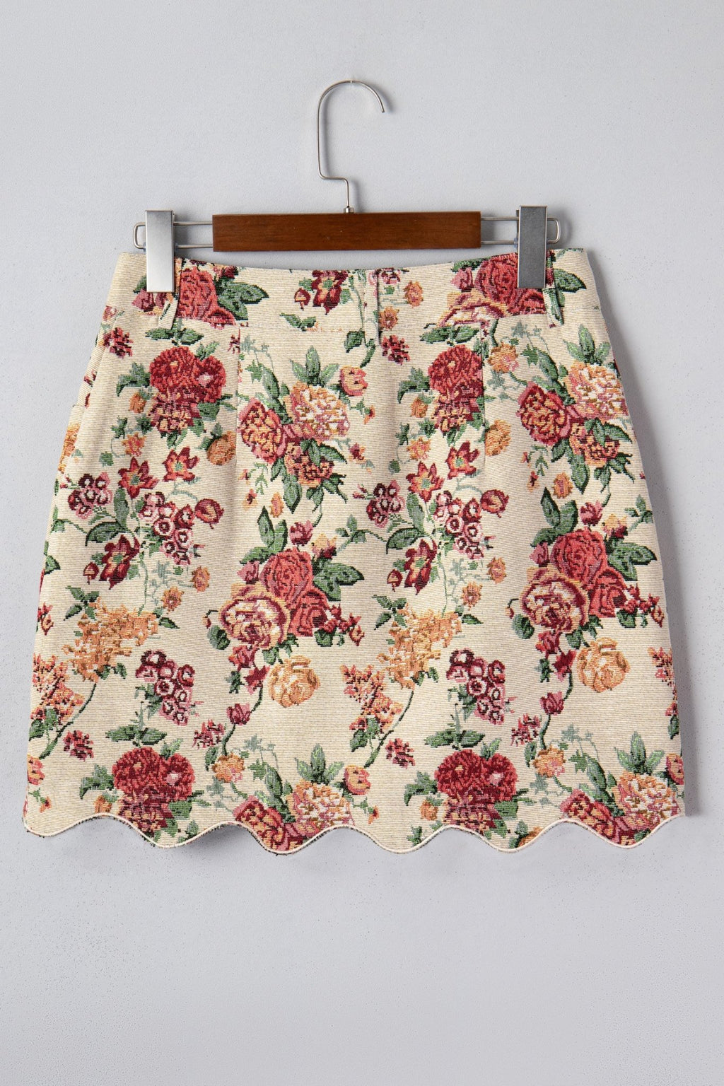 Apricot Buttoned Front Scalloped Trim Mini Jacquard Floral Skirt - Crowned Energy CO.