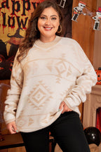 Apricot Plus Size Western Aztec Print Loose Sweater - Goddess Vibes