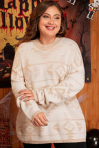 Apricot Plus Size Western Aztec Print Loose Sweater - Goddess Vibes