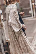 Apricot Sequin 3/4 Sleeve Open Front Duster Kimono - Goddess Vibes