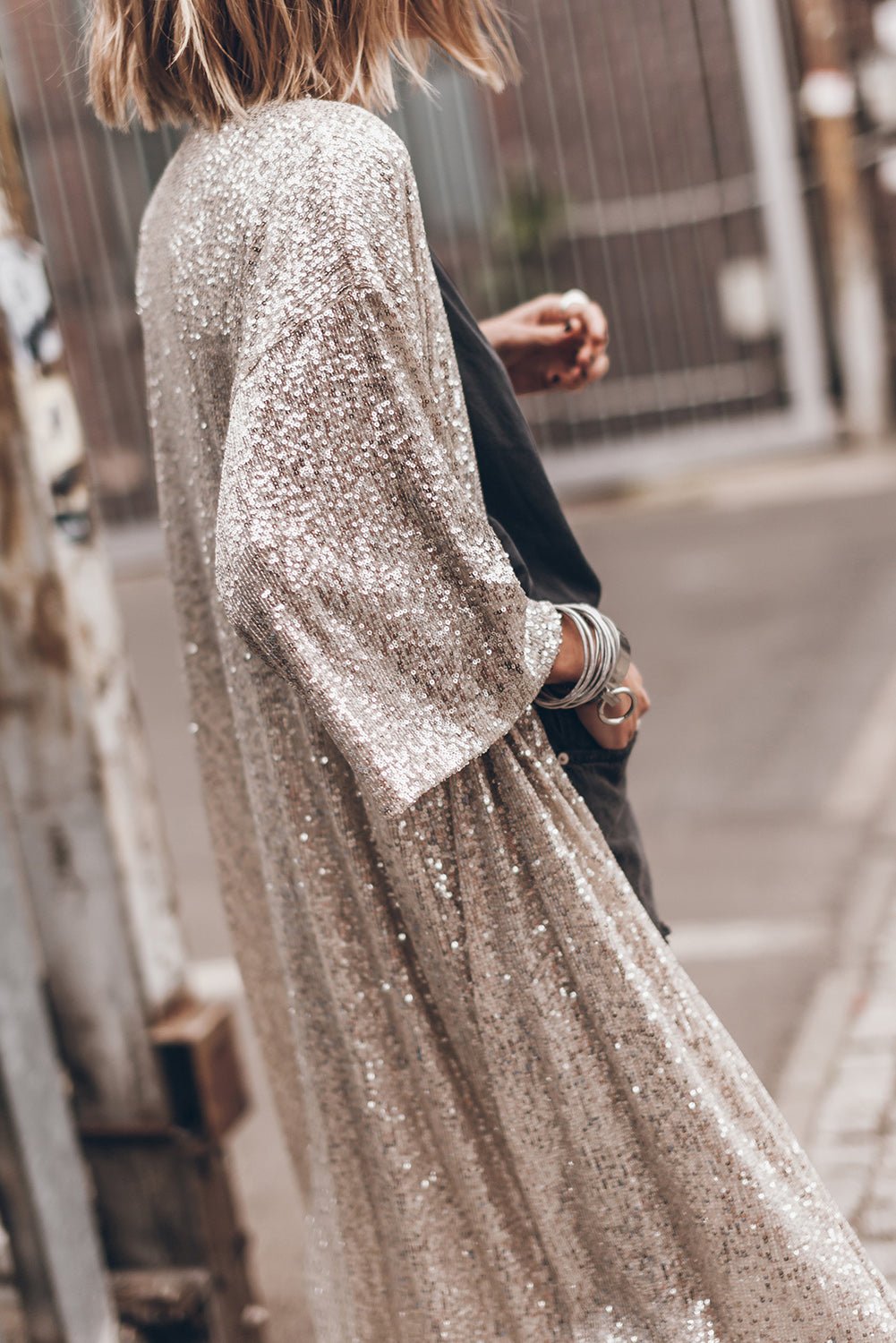 Apricot Sequin 3/4 Sleeve Open Front Duster Kimono - Goddess Vibes