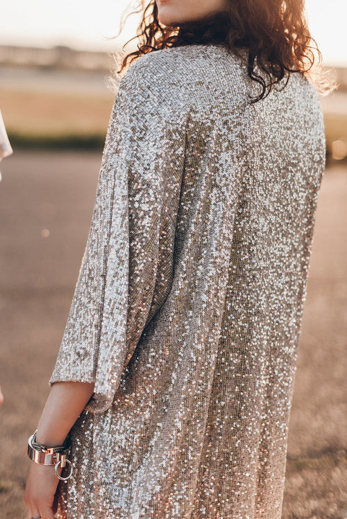 Crowned Energy CO. Apricot / S / 95%Polyester+5%Elastane Dear-Lover Dropshipping Outerwear/Kimonos Apricot Sequin 3/4 Sleeve Open Front Duster Kimono