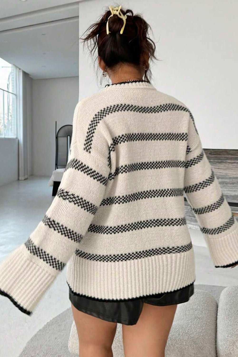 Apricot Stripe Wide Sleeve Drop Shoulder Crew Neck Plus Sweater - Crowned Energy CO.