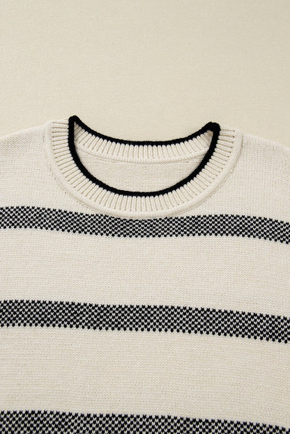 Apricot Stripe Wide Sleeve Drop Shoulder Crew Neck Plus Sweater - Crowned Energy CO.