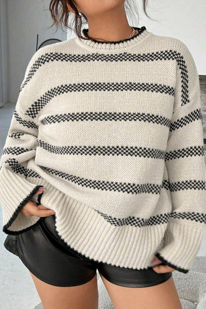 Apricot Stripe Wide Sleeve Drop Shoulder Crew Neck Plus Sweater - Crowned Energy CO.