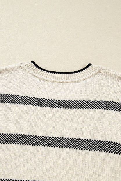 Apricot Stripe Wide Sleeve Drop Shoulder Crew Neck Plus Sweater - Crowned Energy CO.