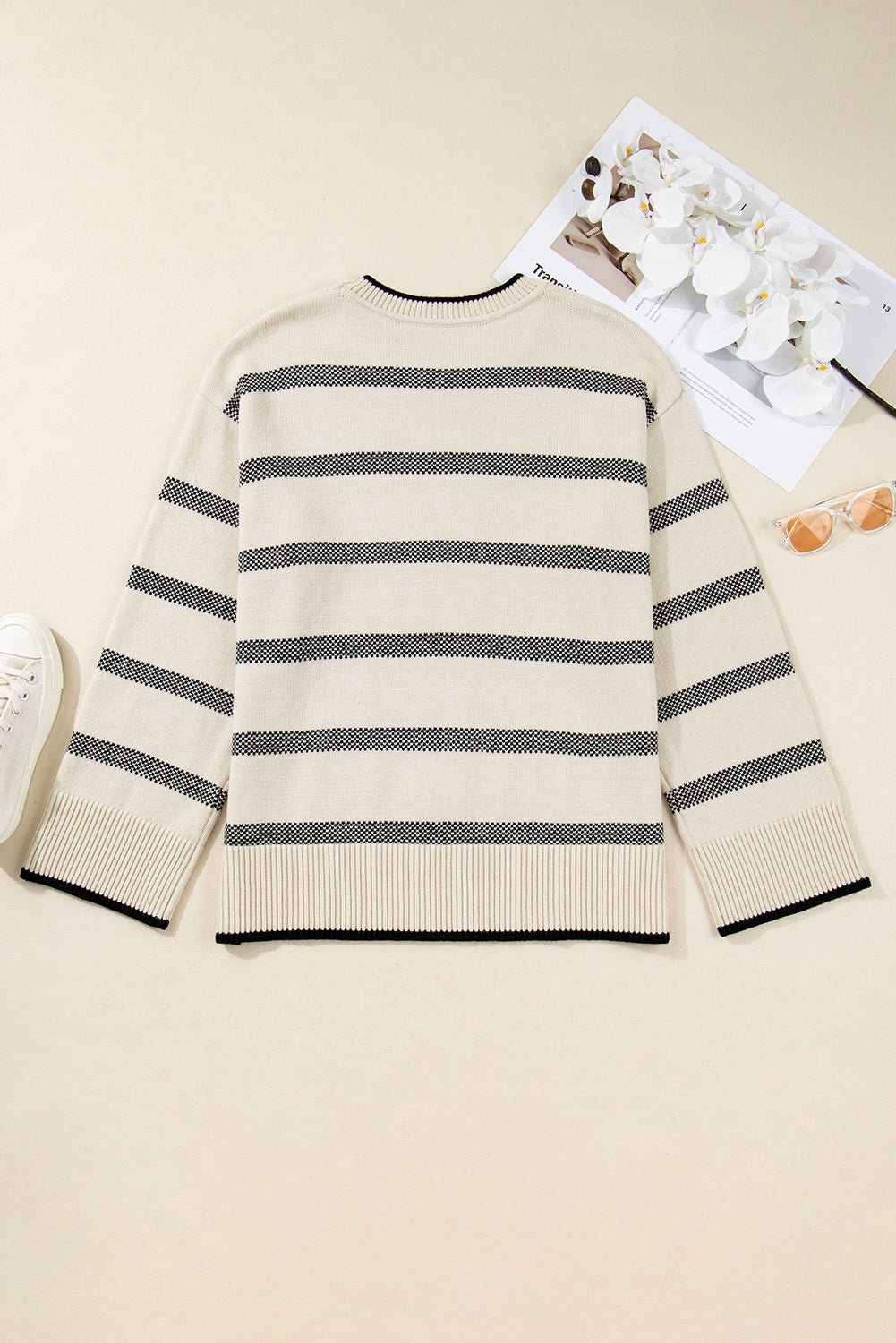 Apricot Stripe Wide Sleeve Drop Shoulder Crew Neck Plus Sweater - Crowned Energy CO.