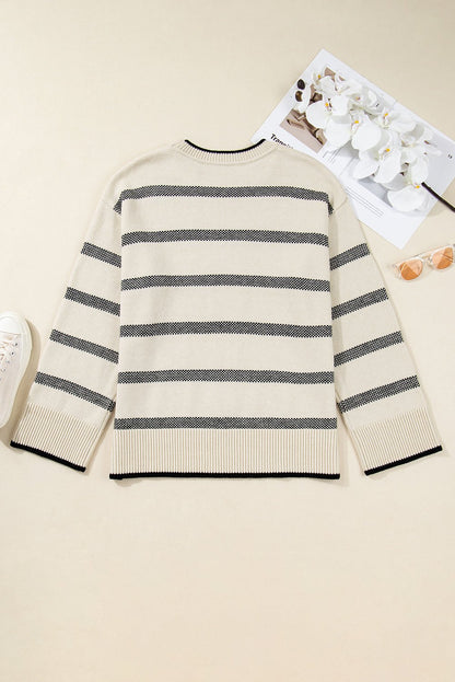 Apricot Stripe Wide Sleeve Drop Shoulder Crew Neck Plus Sweater - Crowned Energy CO.