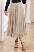 Apricot Tulle Mesh Overlay Flared Midi Skirt - Crowned Energy CO.