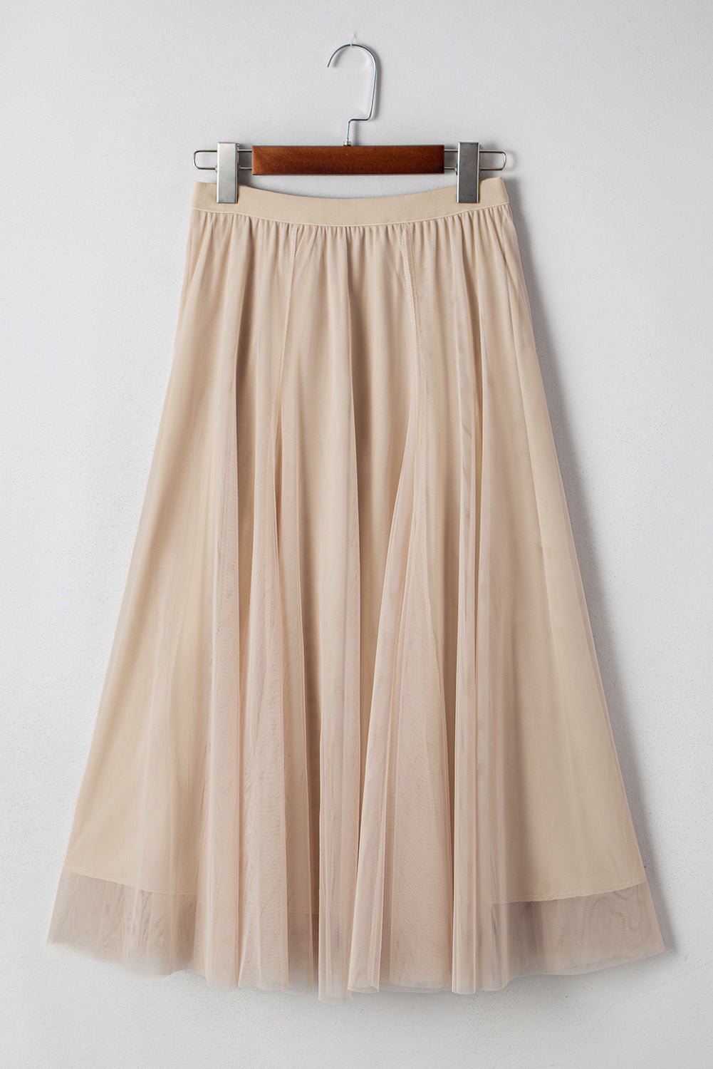 Apricot Tulle Mesh Overlay Flared Midi Skirt - Crowned Energy CO.