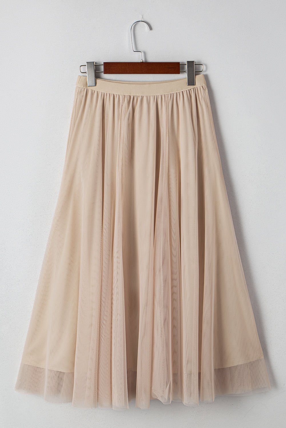 Apricot Tulle Mesh Overlay Flared Midi Skirt - Crowned Energy CO.