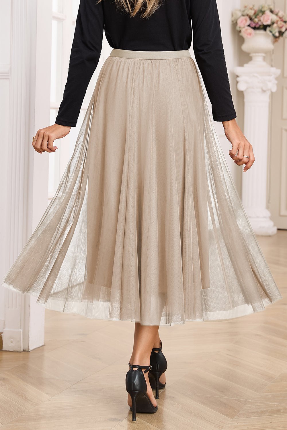 Apricot Tulle Mesh Overlay Flared Midi Skirt - Crowned Energy CO.