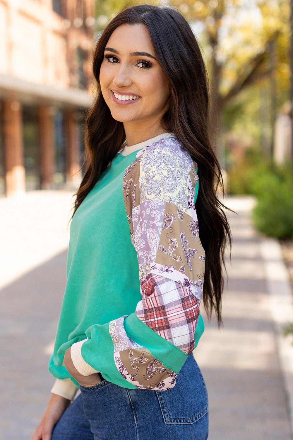 Crowned Energy CO. Aruba Blue / S / 70%Polyester+30%Cotton Dear-Lover Dropshipping Tops/Long Sleeve Tops Aruba Blue Plaid Vintage Paisley Patchwork Long Sleeve Raglan Top