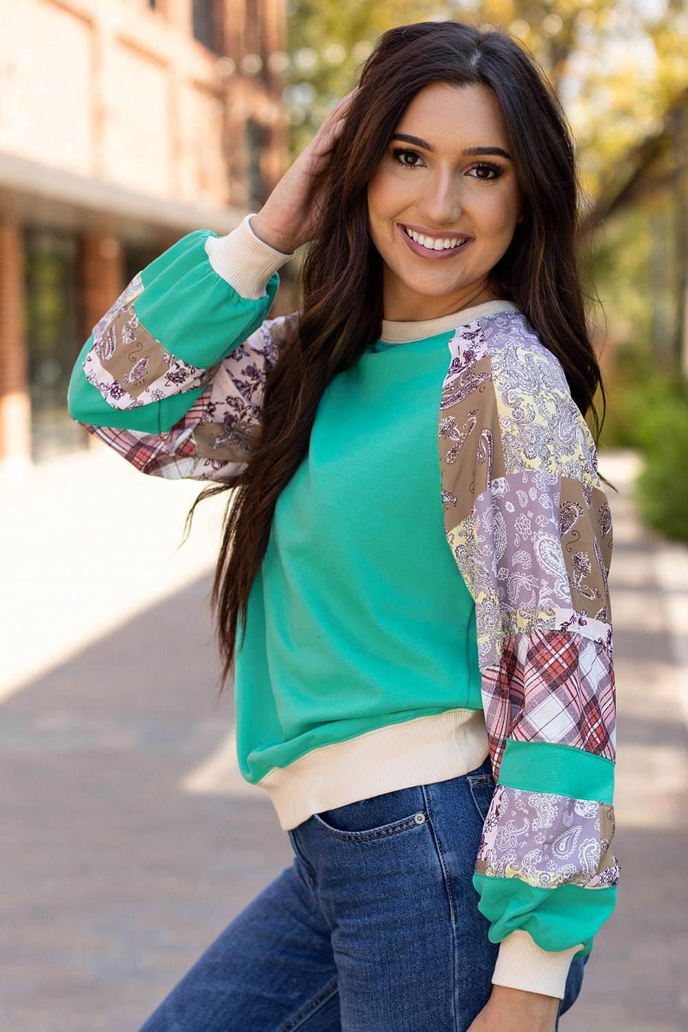 Crowned Energy CO. Aruba Blue / S / 70%Polyester+30%Cotton Dear-Lover Dropshipping Tops/Long Sleeve Tops Aruba Blue Plaid Vintage Paisley Patchwork Long Sleeve Raglan Top