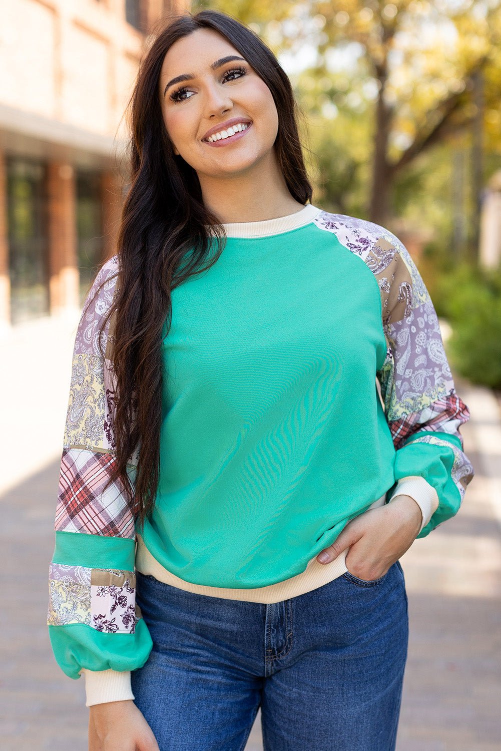Crowned Energy CO. Aruba Blue / S / 70%Polyester+30%Cotton Dear-Lover Dropshipping Tops/Long Sleeve Tops Aruba Blue Plaid Vintage Paisley Patchwork Long Sleeve Raglan Top