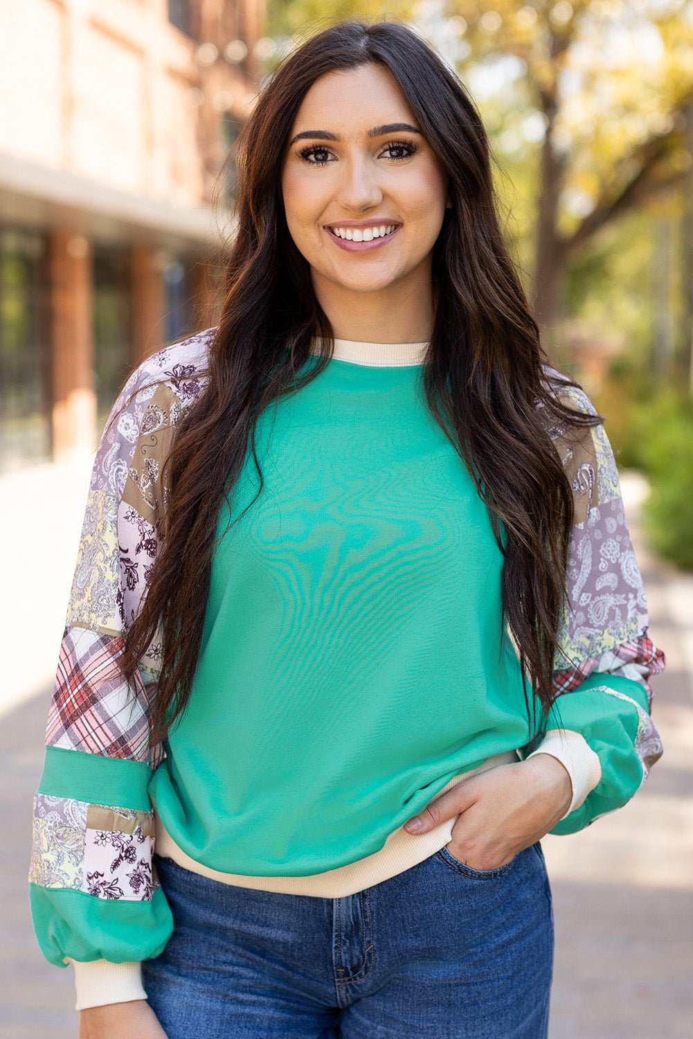 Crowned Energy CO. Aruba Blue / S / 70%Polyester+30%Cotton Dear-Lover Dropshipping Tops/Long Sleeve Tops Aruba Blue Plaid Vintage Paisley Patchwork Long Sleeve Raglan Top