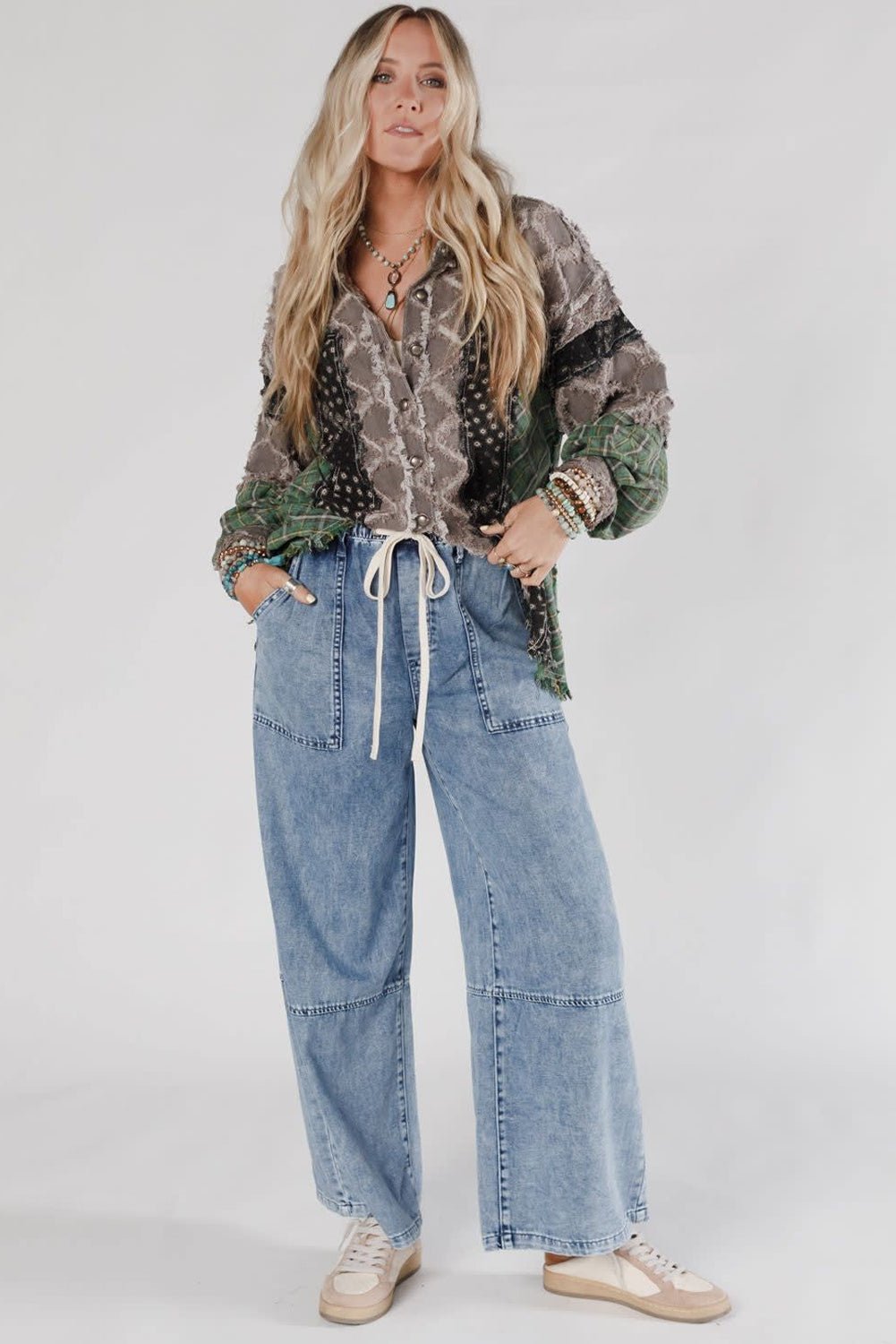 Ashleigh Blue Acid Wash Exposed Seam Drawstring Elastic Waistband Jeans - Crowned Energy CO.