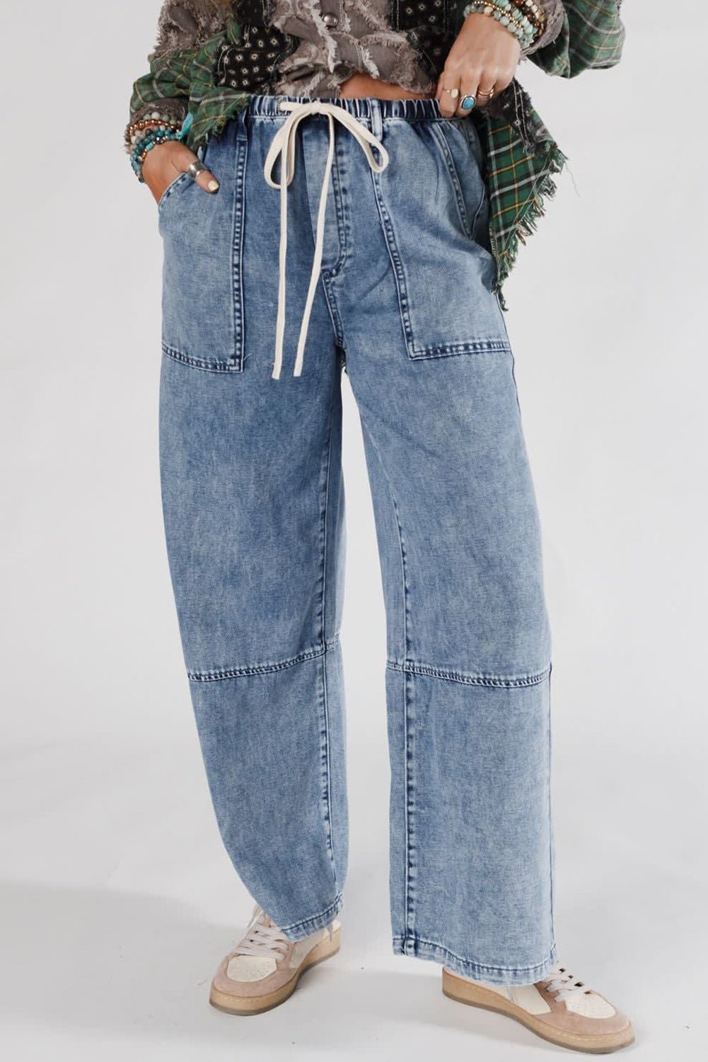 Ashleigh Blue Acid Wash Exposed Seam Drawstring Elastic Waistband Jeans - Crowned Energy CO.