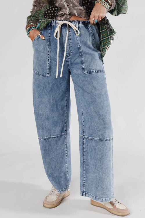 Ashleigh Blue Acid Wash Exposed Seam Drawstring Elastic Waistband Jeans - Crowned Energy CO.