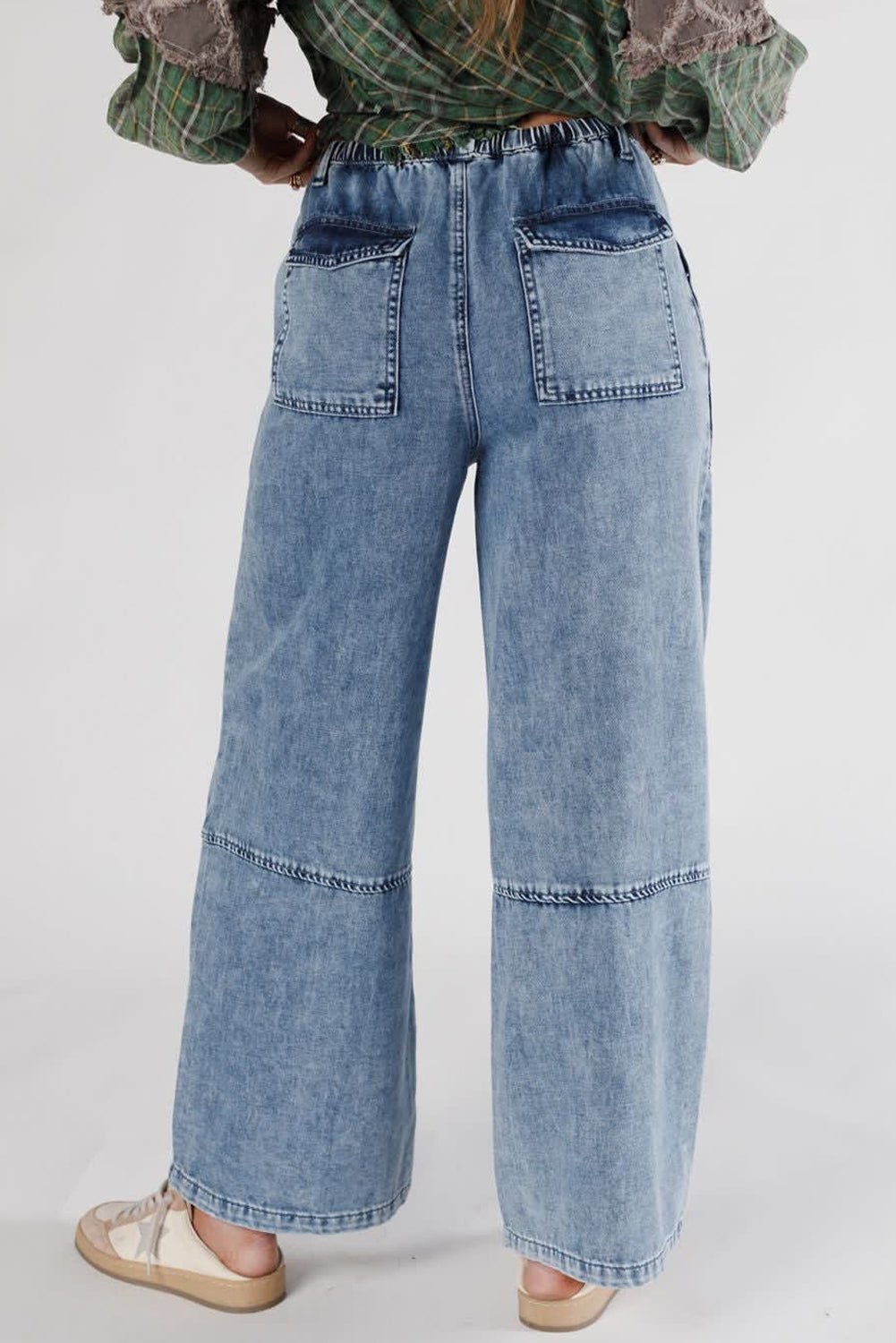 Ashleigh Blue Acid Wash Exposed Seam Drawstring Elastic Waistband Jeans - Crowned Energy CO.