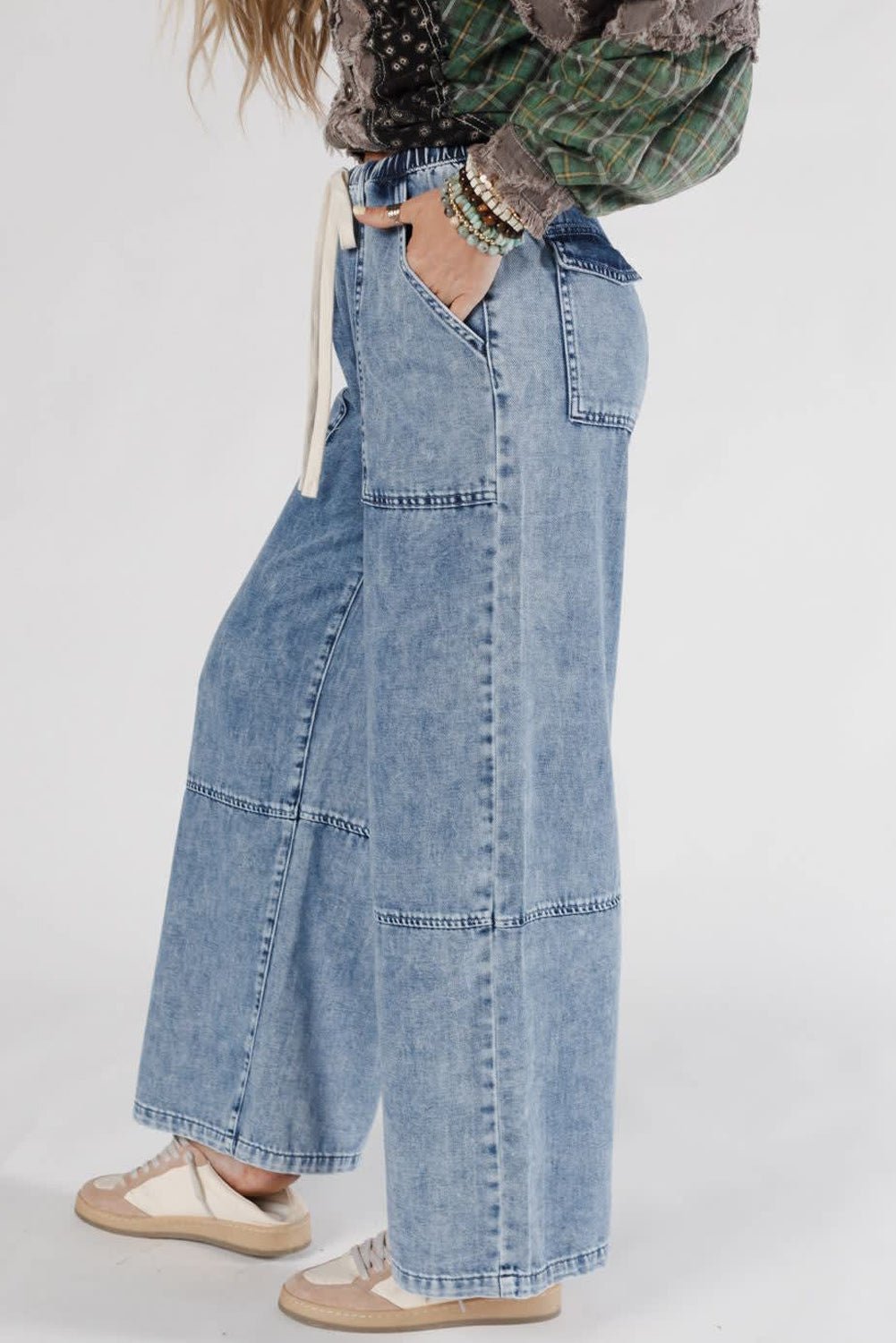 Ashleigh Blue Acid Wash Exposed Seam Drawstring Elastic Waistband Jeans - Crowned Energy CO.