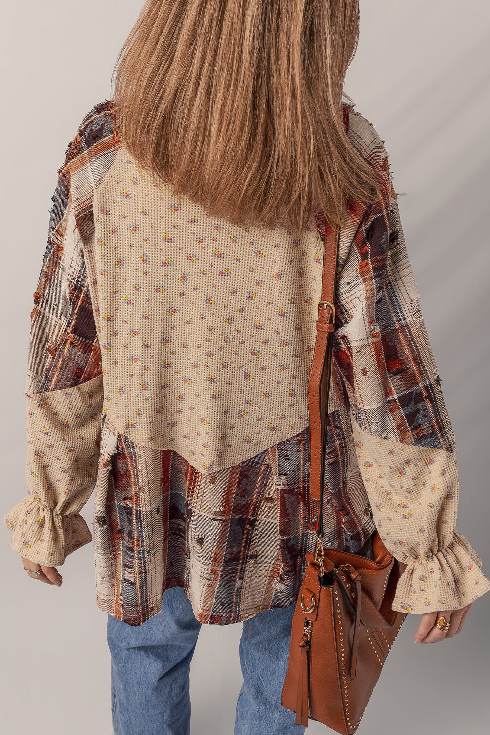 Crowned Energy CO. Ashleigh Blue / S / 100%Polyester Dear-Lover Dropshipping Outerwear/Plaid Shackets Ashleigh Blue Boho Floral Plaid Patchwork Distressed Detail Ruffled Sleeve Waffle Knit Shacket