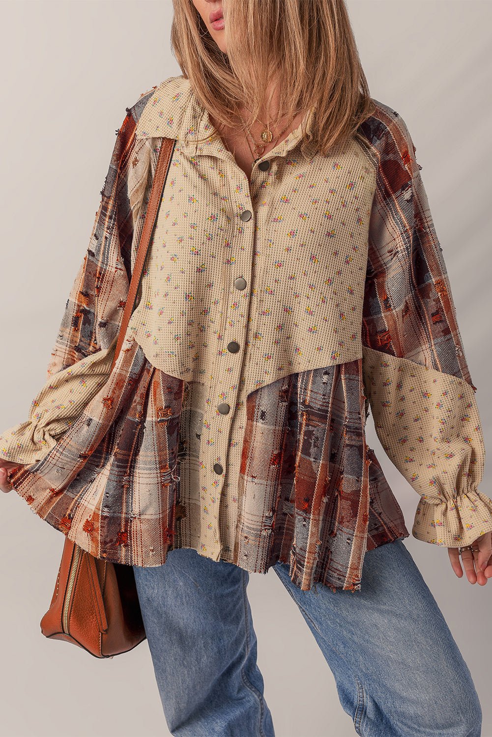 Crowned Energy CO. Ashleigh Blue / S / 100%Polyester Dear-Lover Dropshipping Outerwear/Plaid Shackets Ashleigh Blue Boho Floral Plaid Patchwork Distressed Detail Ruffled Sleeve Waffle Knit Shacket