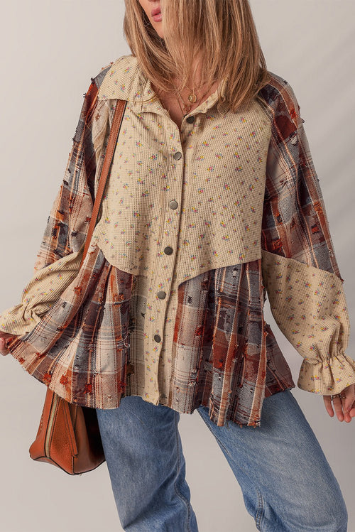 Crowned Energy CO. Ashleigh Blue / S / 100%Polyester Dear-Lover Dropshipping Outerwear/Plaid Shackets Ashleigh Blue Boho Floral Plaid Patchwork Distressed Detail Ruffled Sleeve Waffle Knit Shacket