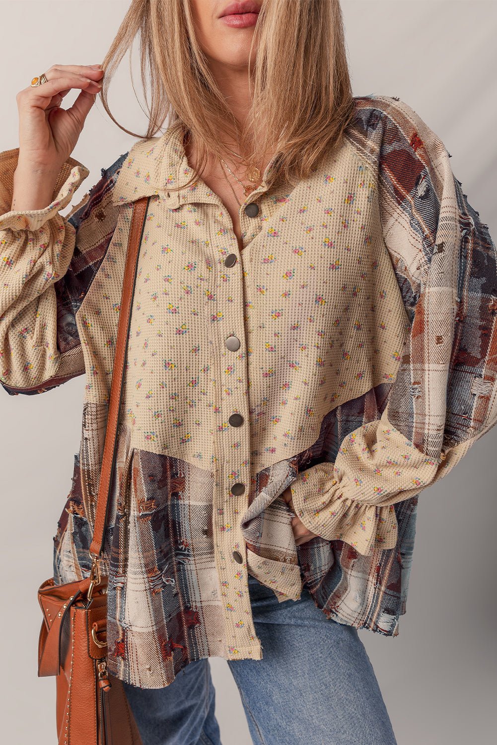 Crowned Energy CO. Ashleigh Blue / S / 100%Polyester Dear-Lover Dropshipping Outerwear/Plaid Shackets Ashleigh Blue Boho Floral Plaid Patchwork Distressed Detail Ruffled Sleeve Waffle Knit Shacket