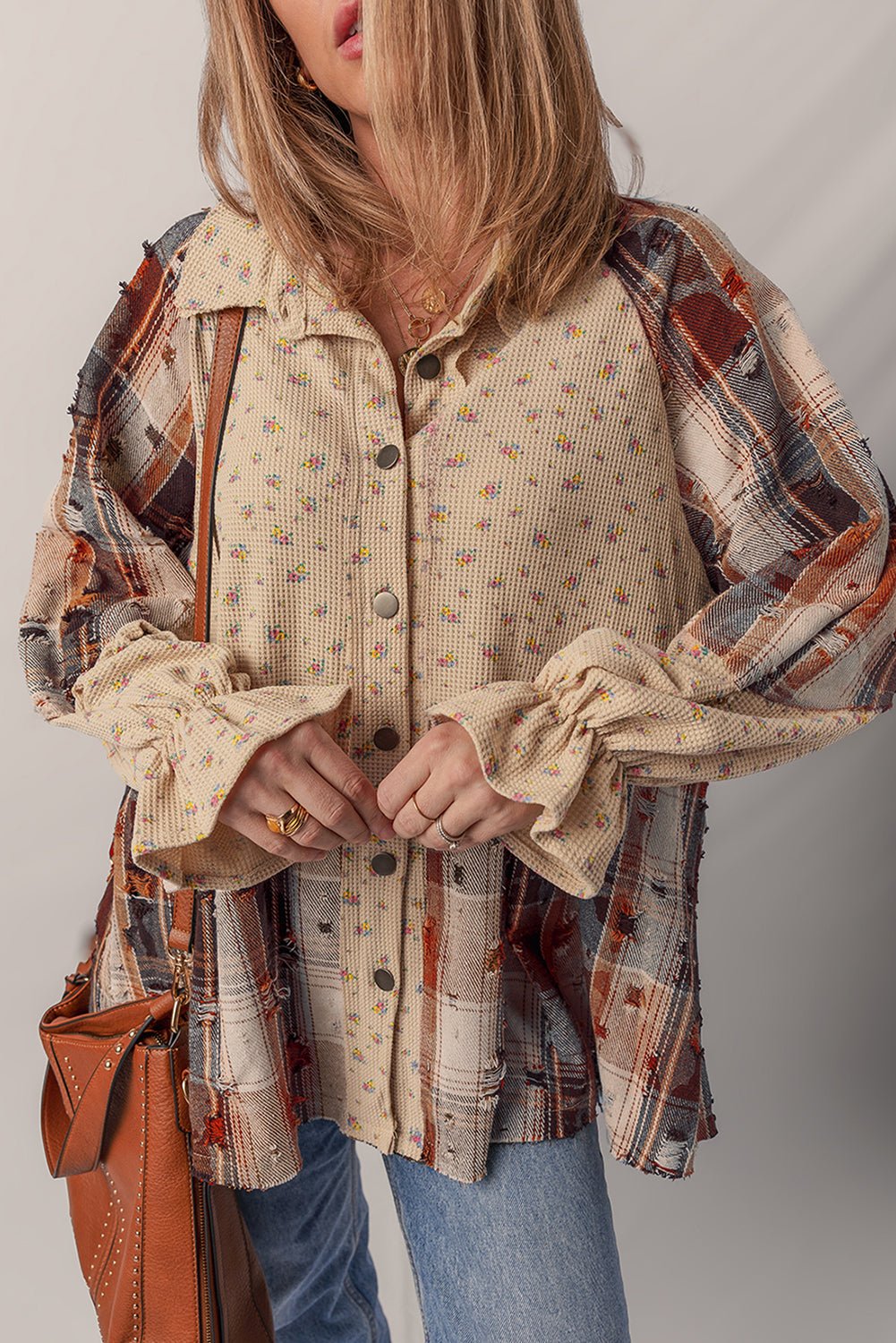 Crowned Energy CO. Ashleigh Blue / S / 100%Polyester Dear-Lover Dropshipping Outerwear/Plaid Shackets Ashleigh Blue Boho Floral Plaid Patchwork Distressed Detail Ruffled Sleeve Waffle Knit Shacket