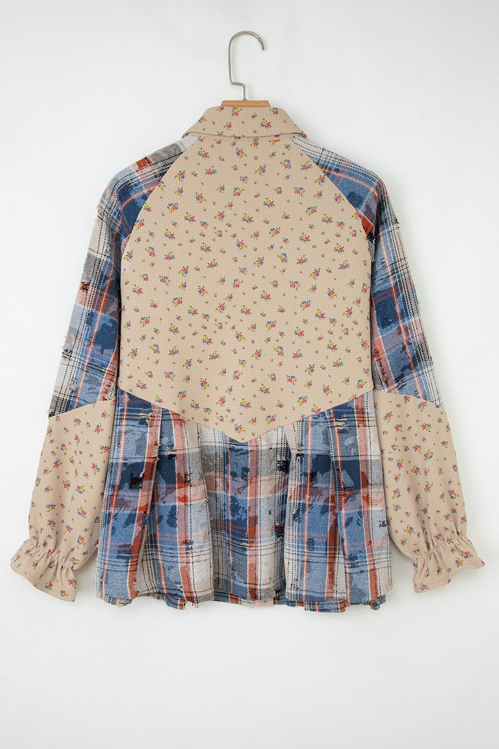 Crowned Energy CO. Ashleigh Blue / S / 100%Polyester Dear-Lover Dropshipping Outerwear/Plaid Shackets Ashleigh Blue Boho Floral Plaid Patchwork Distressed Detail Ruffled Sleeve Waffle Knit Shacket