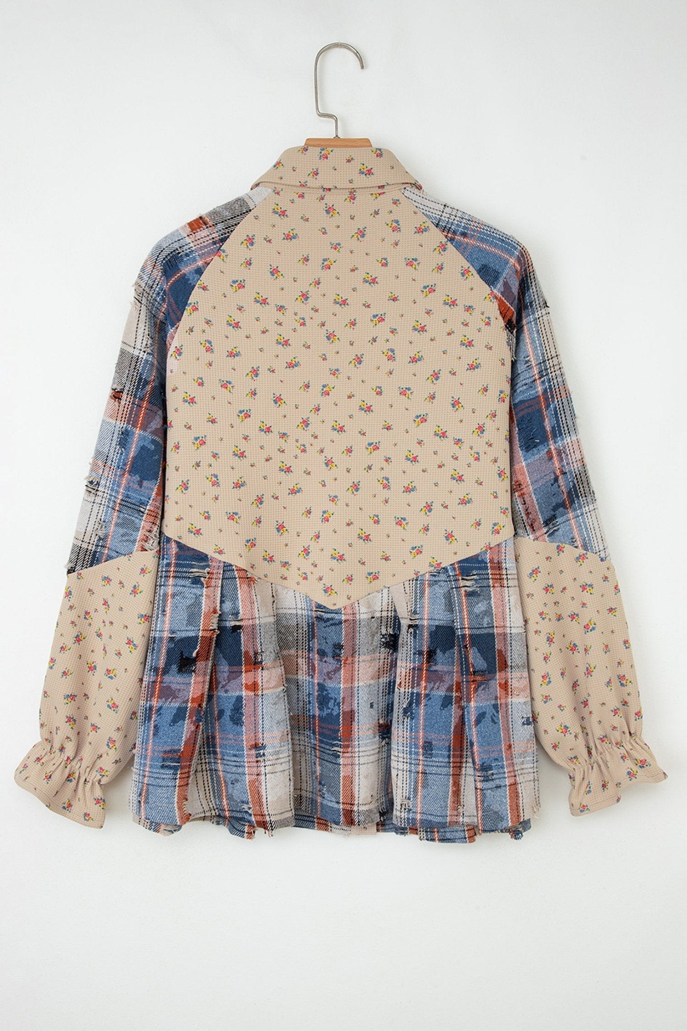 Crowned Energy CO. Ashleigh Blue / S / 100%Polyester Dear-Lover Dropshipping Outerwear/Plaid Shackets Ashleigh Blue Boho Floral Plaid Patchwork Distressed Detail Ruffled Sleeve Waffle Knit Shacket