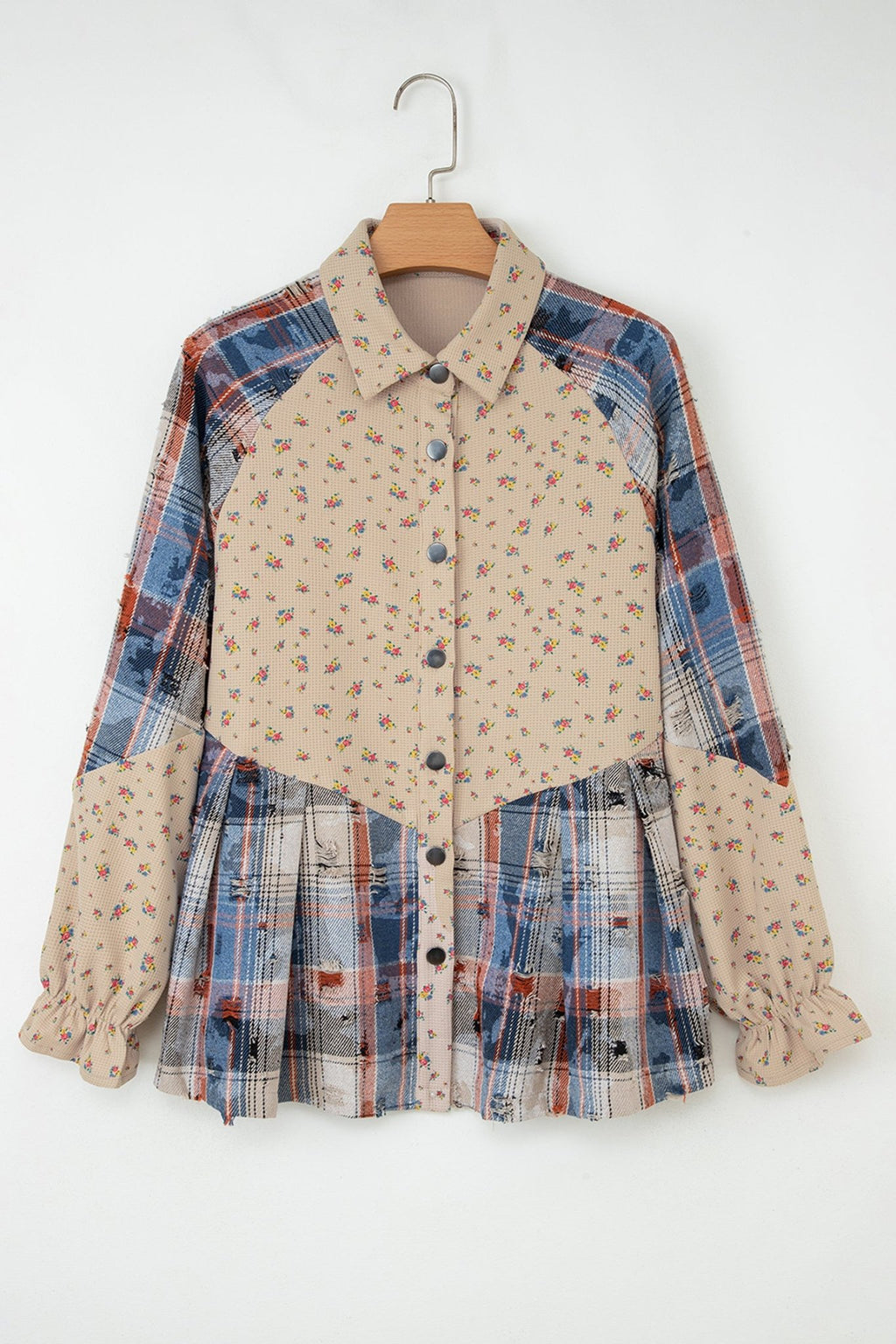 Crowned Energy CO. Ashleigh Blue / S / 100%Polyester Dear-Lover Dropshipping Outerwear/Plaid Shackets Ashleigh Blue Boho Floral Plaid Patchwork Distressed Detail Ruffled Sleeve Waffle Knit Shacket