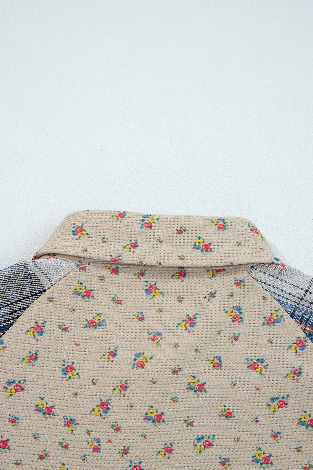 Crowned Energy CO. Ashleigh Blue / S / 100%Polyester Dear-Lover Dropshipping Outerwear/Plaid Shackets Ashleigh Blue Boho Floral Plaid Patchwork Distressed Detail Ruffled Sleeve Waffle Knit Shacket